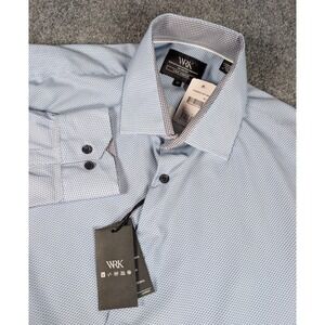 WRK 4 Way Stretch Dress Shirt Mens 17 Blue Geometric Long Sleeve NWT